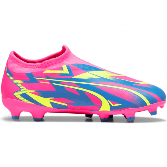 Puma Junior Laceless Ultra Match FG/MG Firm Ground Soccer Shoes - Pink- Yellow Alert - Ultra Blue
